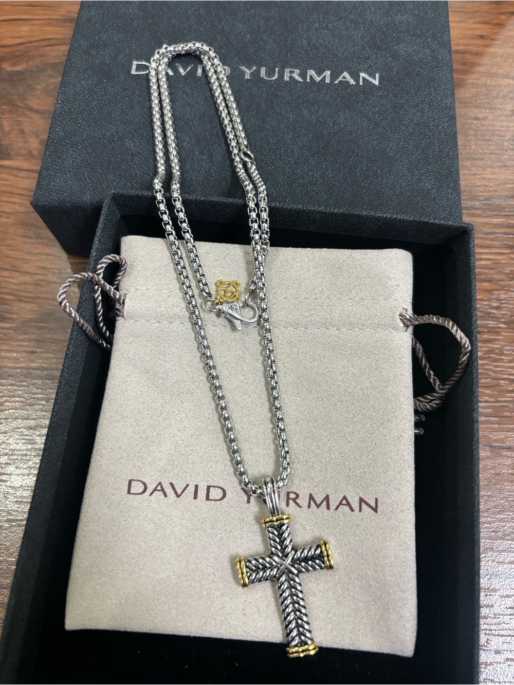 David Yurman Two-Tone Silver and Gold Cable Cross Pendant Necklace